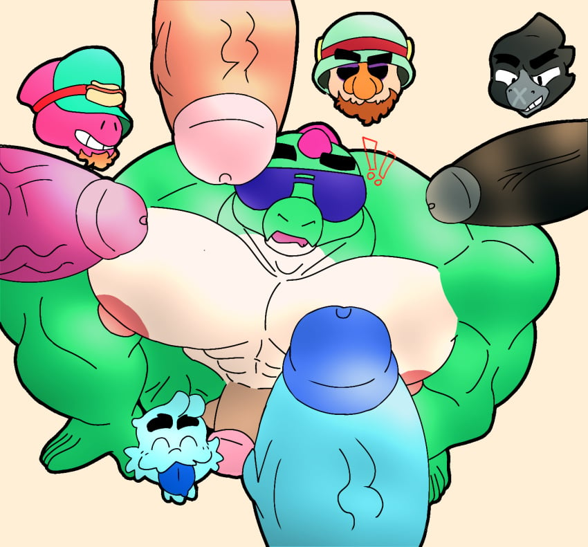 ! !! 5boys anthro avian balls bara beard biceps black_body blue_body brawl_stars buzz_(brawl_stars) closed_eyes cocokun! completely_nude covered_eyes crow_(brawl_stars) dinosaur doug_(brawl_stars) erect_nipples erection facial_hair gay green_body green_skin hank_(brawl_stars) helmet hi_res huge_cock humanoid imminent_sex kneeling looking_up male male_only mammal multiple_boys multiple_males muscular muscular_male nipples nude nude_male open_mouth pec penis pink_body reptile scales simple_background smile squeak_(brawl_stars) teeth thick_penis thick_thighs tongue tongue_out veiny_penis