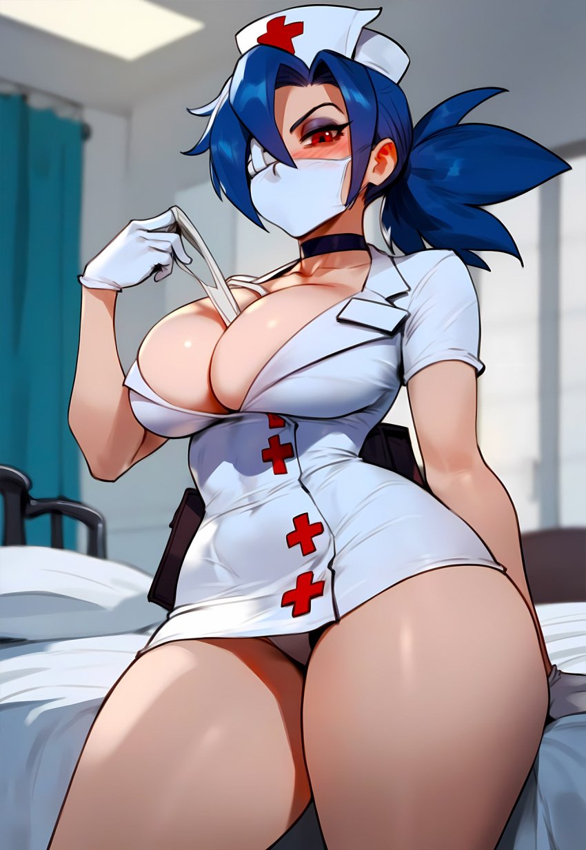 1girls ai_generated bare_arms bare_legs bare_thighs big_breasts blue_hair blush clothed clothing color female female_focus female_only floxin hi_res inner_sideboob large_breasts light-skinned_female light_skin long_hair looking_at_viewer mask nurse nurse_cap nurse_uniform red_eyes skullgirls solo solo_female tagme thick_thighs valentine_(skullgirls)