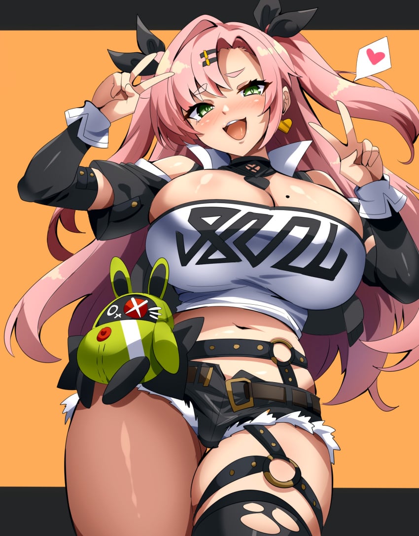 1girls breasts female fur-trimmed_shorts green_eyes hi_res hips huge_breasts light-skinned_female light_skin long_hair magukappu midriff naughty_face nicole_demara peace_sign pink_hair thick_thighs thighs wide_hips zenless_zone_zero