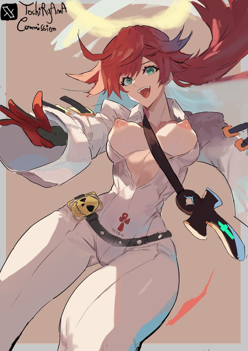 1girls ai_assisted artist_signature breasts breasts_out breasts_out_of_clothes dynamic_pose green_eyes guilty_gear guilty_gear_strive jack-o'_valentine red_hair solo solo_female toshiryama