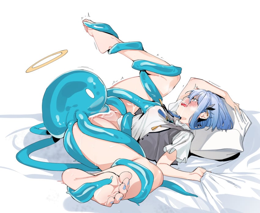 1girls bar_censor barefoot blue_eyes blue_hair blue_nails blue_tentacles blush bottomless breasts censored ciel_(kamitsubaki_studio) clothing commission feet female foreshortening from_side full_body grabbing_another's_breast grey_vest groping hair_ornament halo highres interspecies jellyfish kamitsubaki_studio looking_at_creature lying medium_breasts nail_polish nonoyama on_back on_bed open_clothes open_mouth open_vest penetration pillow pillow_grab profile pussy saliva saliva_trail second-party_source sex sheet_grab shirt short_hair short_sleeves simple_background solo spread_legs tearing_up tears teeth tentacle tentacle_sex toenail_polish toenails trembling upper_teeth_only vaginal_penetration vest white_background white_shirt wide_hips zoophilia