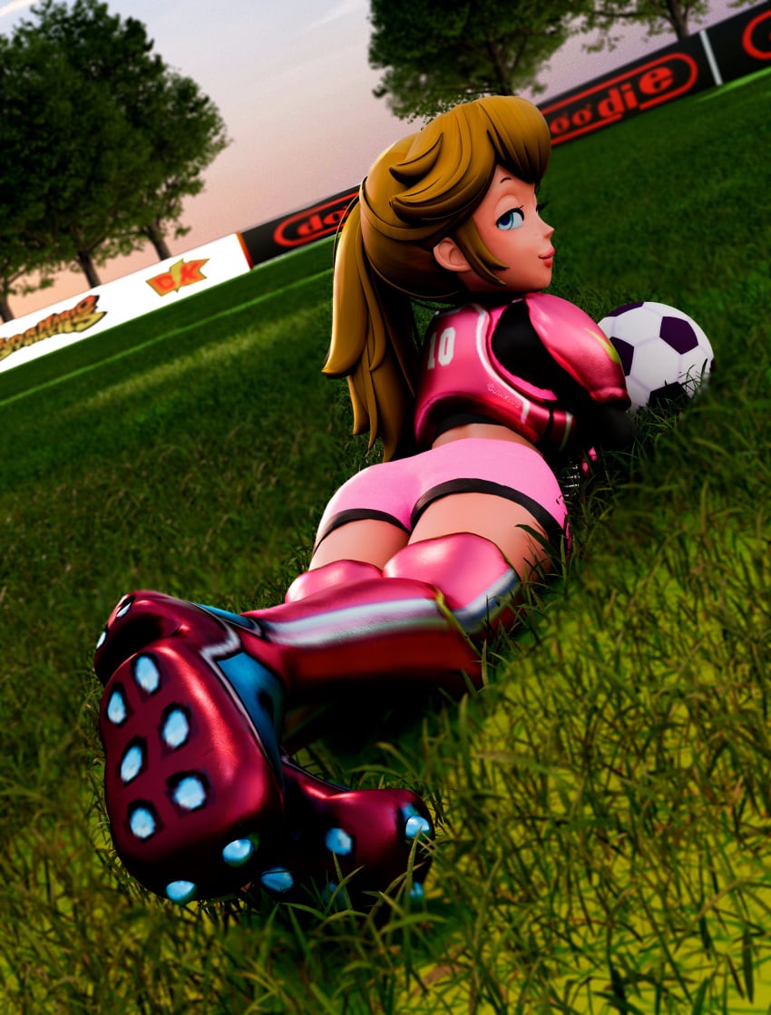 1girls 3d armor ass blonde_hair blue_eyes half-closed_eyes hi_res legs looking_at_viewer looking_back lying lying_on_stomach mario_(series) mario_strikers midriff on_stomach pink_lipstick pink_shorts ponytail princess princess_peach seductive seductive_look seductive_smile sensual shorts soccer soccer_ball soccer_uniform solo the_pose thighs