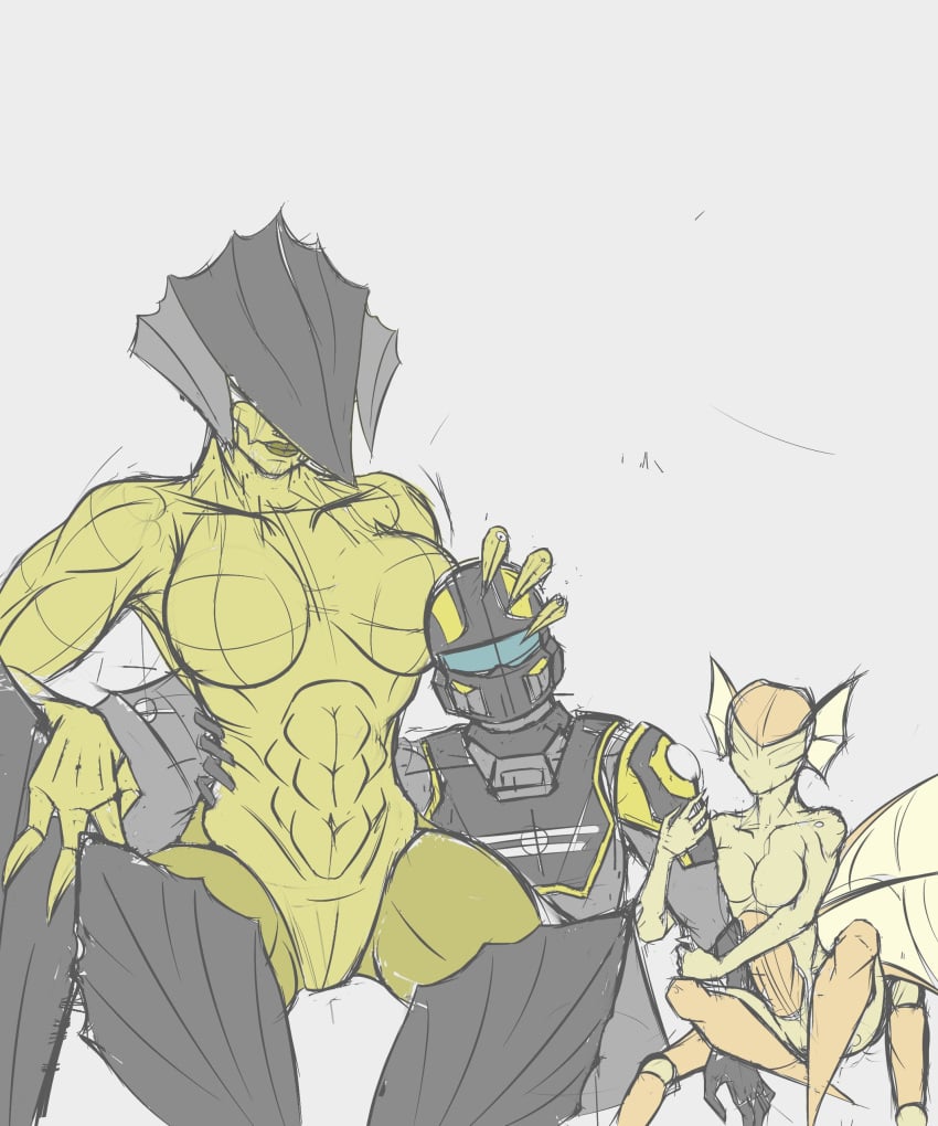 1boy 2girls armored_female bigger_female bug_girl helldiver_(helldivers) helldivers_2 hunter_(helldivers) insect_girl muscular_female oracle_dominus partially_clothed partially_nude smaller_female smaller_male terminid wings xenophilia