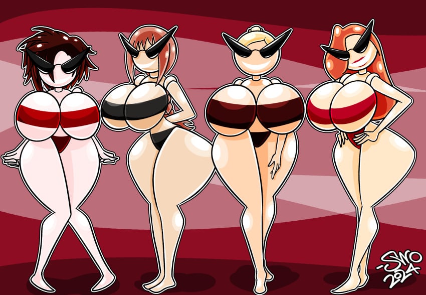 4girls alternate_breast_size big_breasts breasts chainsaw_man crossover disney doll doll_joints dollification eastern_and_western_character female female_only huge_breasts implied_transformation jessica_rabbit knick_knack large_breasts makima_(chainsaw_man) multiple_girls pixar post_transformation ruby_rose rwby sunnification superweirdman t-x terminator terminator_3:_rise_of_the_machines transformation who_framed_roger_rabbit