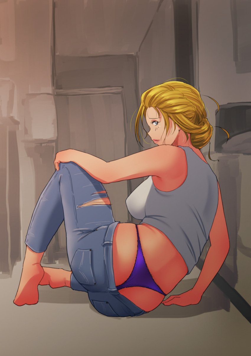 1girls ass big_ass blonde_hair blue_eyes blush clothed female_focus female_only g-string highres looking_at_viewer looking_back original original_character panties picot_trim picot_trim_panties picot_trim_thong purple_panties purple_thong revealing_clothes sidelocks solo suppi.art thong whale_tail