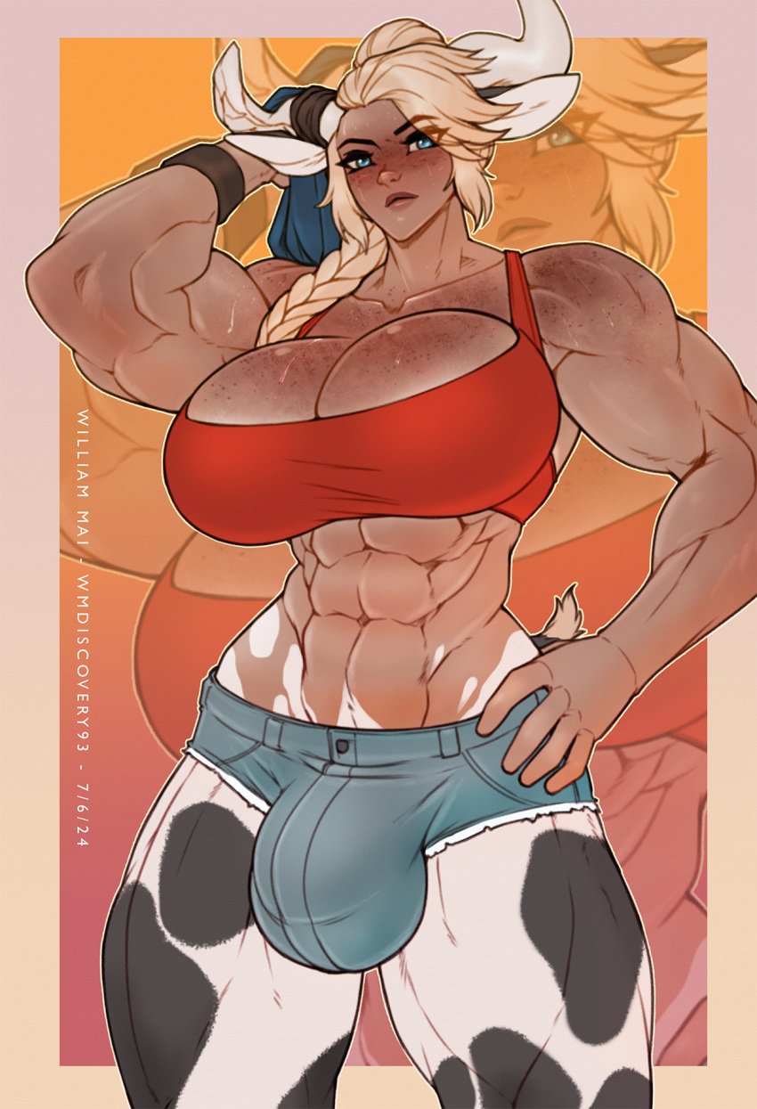 1futa abs animal_humanoid big_breasts blonde_hair blue_eyes bodily_fluids bottomwear bovid bovid_humanoid bovine bovine_humanoid braided_hair breasts bulge cattle_humanoid clothed clothing cow_girl dark-skinned_futanari dark_skin fully_clothed futa_only futanari gynomorph hair hand_on_hip hi_res horn horned_humanoid humanoid intersex mammal mammal_humanoid monster_girl muscular muscular_futanari muscular_gynomorph muscular_intersex short_shorts shorts solo sweat sweatdrop tan theodora_rust towel wmdiscovery93