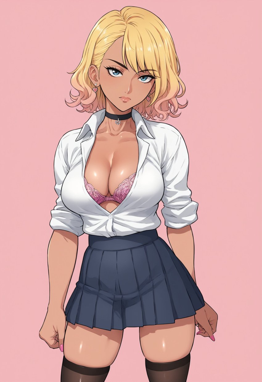 1girls ai_generated blonde_female blonde_hair blonde_hair_female civitai dozamura_style female female_focus female_only gal gwen_poole gwenpool gyaru gyaru_gal kuro_gyaru marvel marvel_comics more_at_source sasakinsfw short_hair tagme