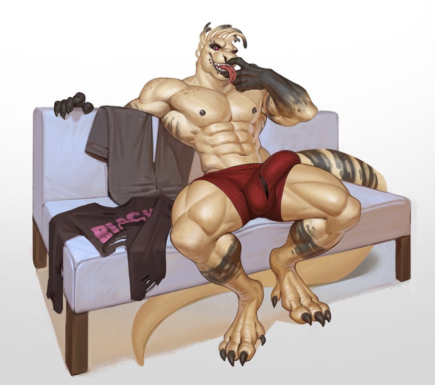 absurd_res anthro biped bodily_fluids bulge claws clothing edvardiko furniture hi_res male muscular muscular_anthro muscular_male saliva scalie simple_background sitting sofa solo tail toe_claws tongue tongue_out underwear white_body