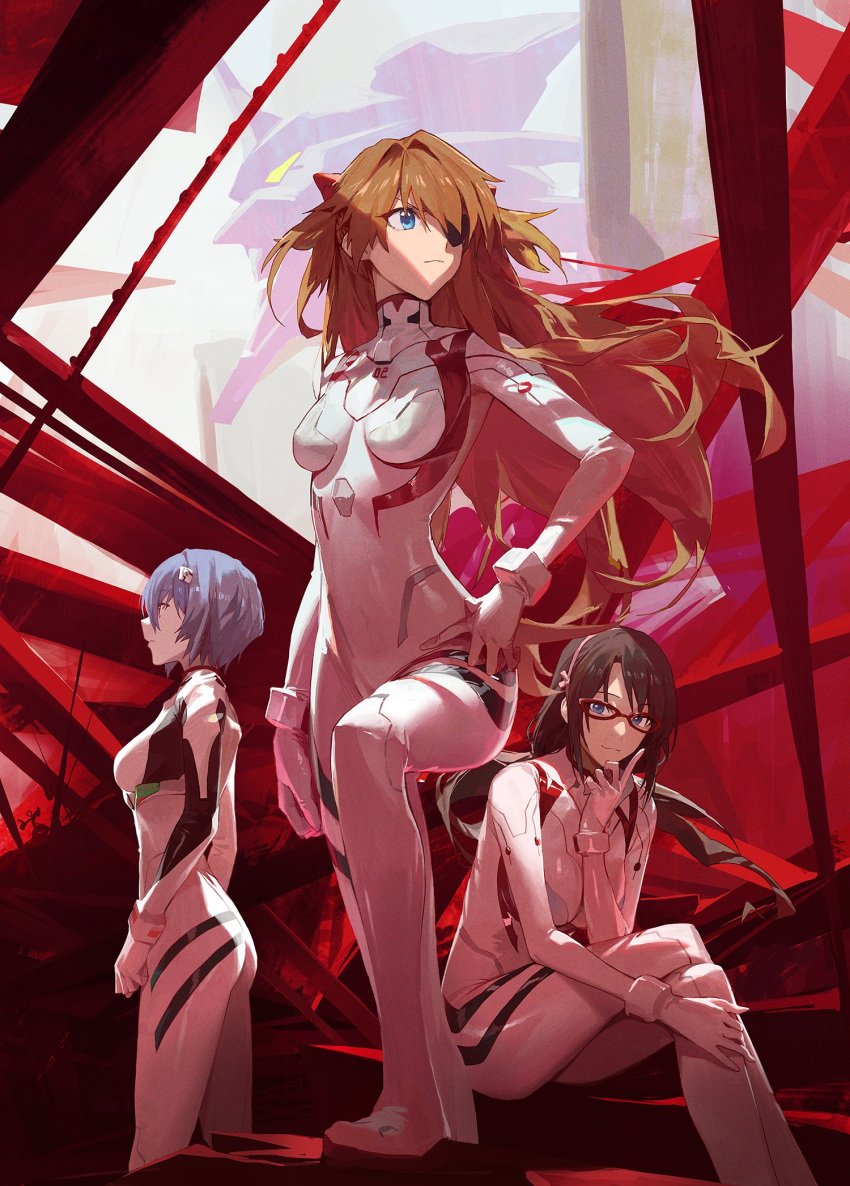 3girls asuka_langley_sohryu big_ass bodysuit cleavage female female_focus female_only jeonghee1414 large_breasts long_hair mari_illustrious_makinami neon_genesis_evangelion pilot_suit plugsuit rebuild_of_evangelion rei_ayanami thick_thighs trio white_skin wide_hips