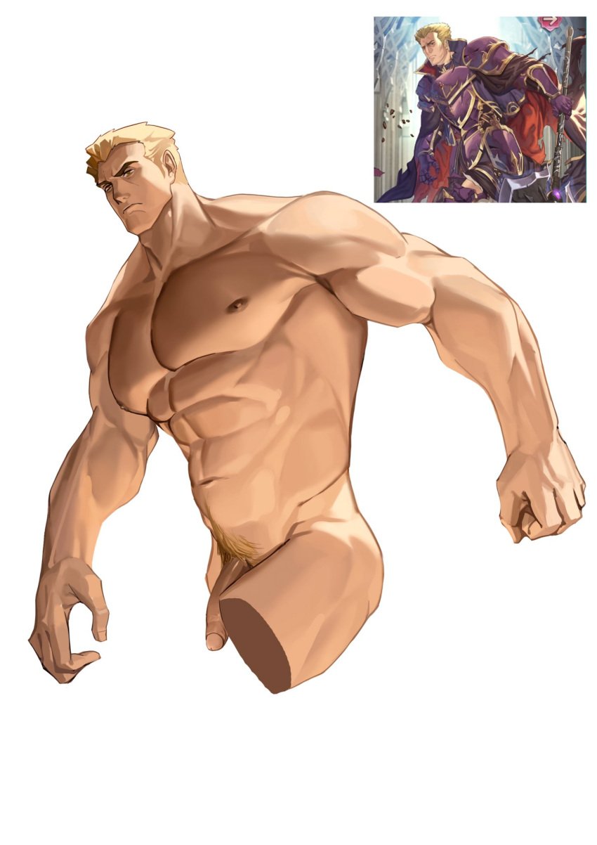 1boy abs bara blonde_hair closed_mouth completely_nude cropped_legs fire_emblem fire_emblem:_the_binding_blade fire_emblem_heroes flaccid foreskin foreskin_pull highres huge_pectorals large_pectorals male_focus mature_male murdock_(fire_emblem) muscular muscular_male my_eight navel navel_hair nipples nude pectorals penis pubic_hair reference_inset solo strongman_waist thick_eyebrows thighs topless_male uncensored white_background