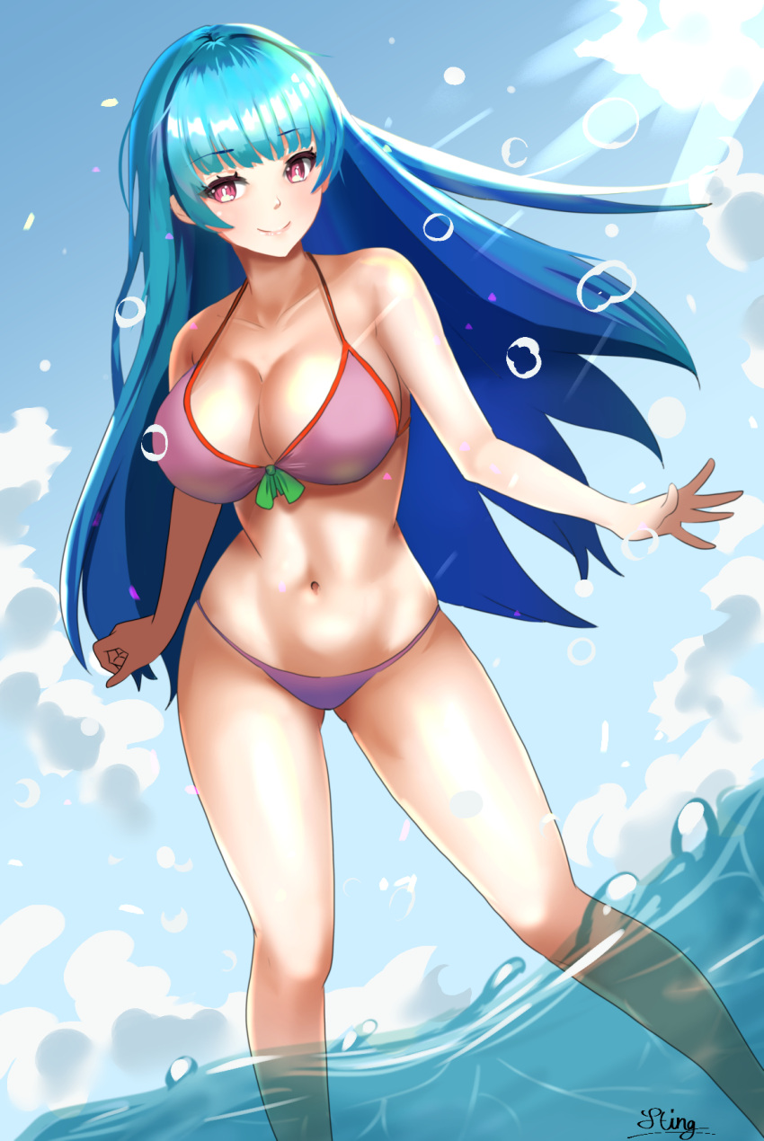 1girls artist_name beach big_breasts bikini blue_eyes breasts busty cleavage female female_only highres king_of_fighters kula_diamond large_breasts legs long_hair looking_at_viewer navel ocean pink_bikini pink_eyes sensual smile snk solo swimsuit thighs water