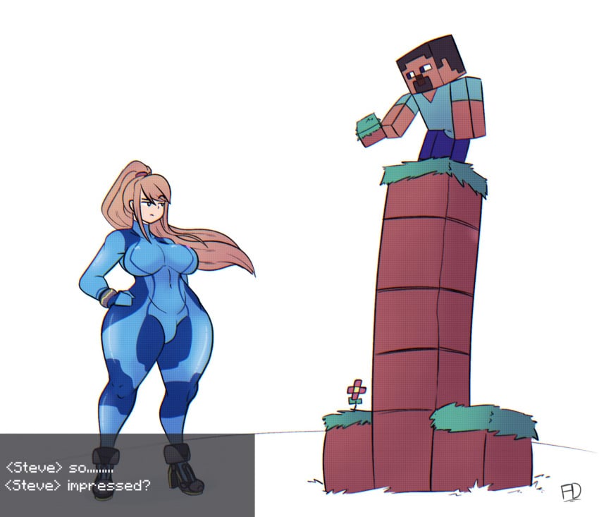 1girls blonde_hair blue_eyes breasts chat english_text female fiffer flower human male metroid minecraft mojang nintendo ponytail samus_aran steve_(minecraft) super_smash_bros. super_smash_bros._ultimate text thick_thighs thighs upside-down_t upside_down_t