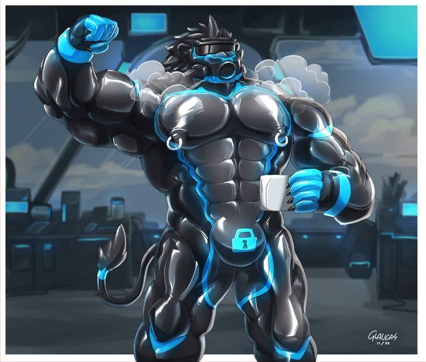 2022 abs absurd_res anthro areola barazoku biceps big_muscles biped drone dronesuit eyewear eyewear_on_head felid flexing flexing_bicep fur gag gas_mask glasses glasses_on_head glaucablitz hi_res holding_coffee_mug lion lock_bulge looking_at_viewer male mammal mane mask muscular muscular_anthro muscular_male muscular_sub nipple_piercing nipple_ring nipples pantherine pecs piercing ring_gag ring_piercing solo standing submissive submissive_anthro submissive_male white_mane