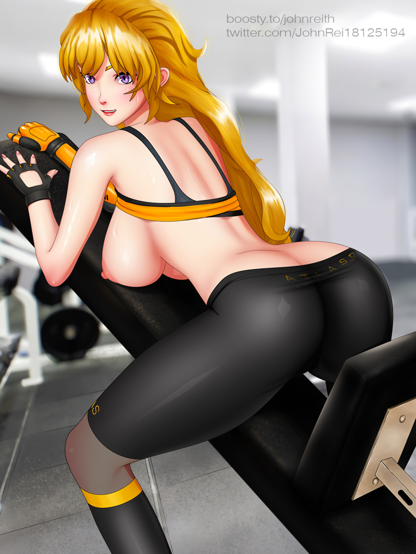 1girls ass bent_over big_ass big_breasts blonde_hair blush breasts busty butt_crack clothes_lift come_hither fat_ass female female_only fingerless_gloves gloves highres huge_ass john_reith large_breasts legs long_hair looking_at_viewer looking_back nipples open_mouth parted_lips pink_lips purple_eyes rwby sensual sideboob sitting smile solo sports_bra sports_bra_lift sportswear sweat thighs yang_xiao_long