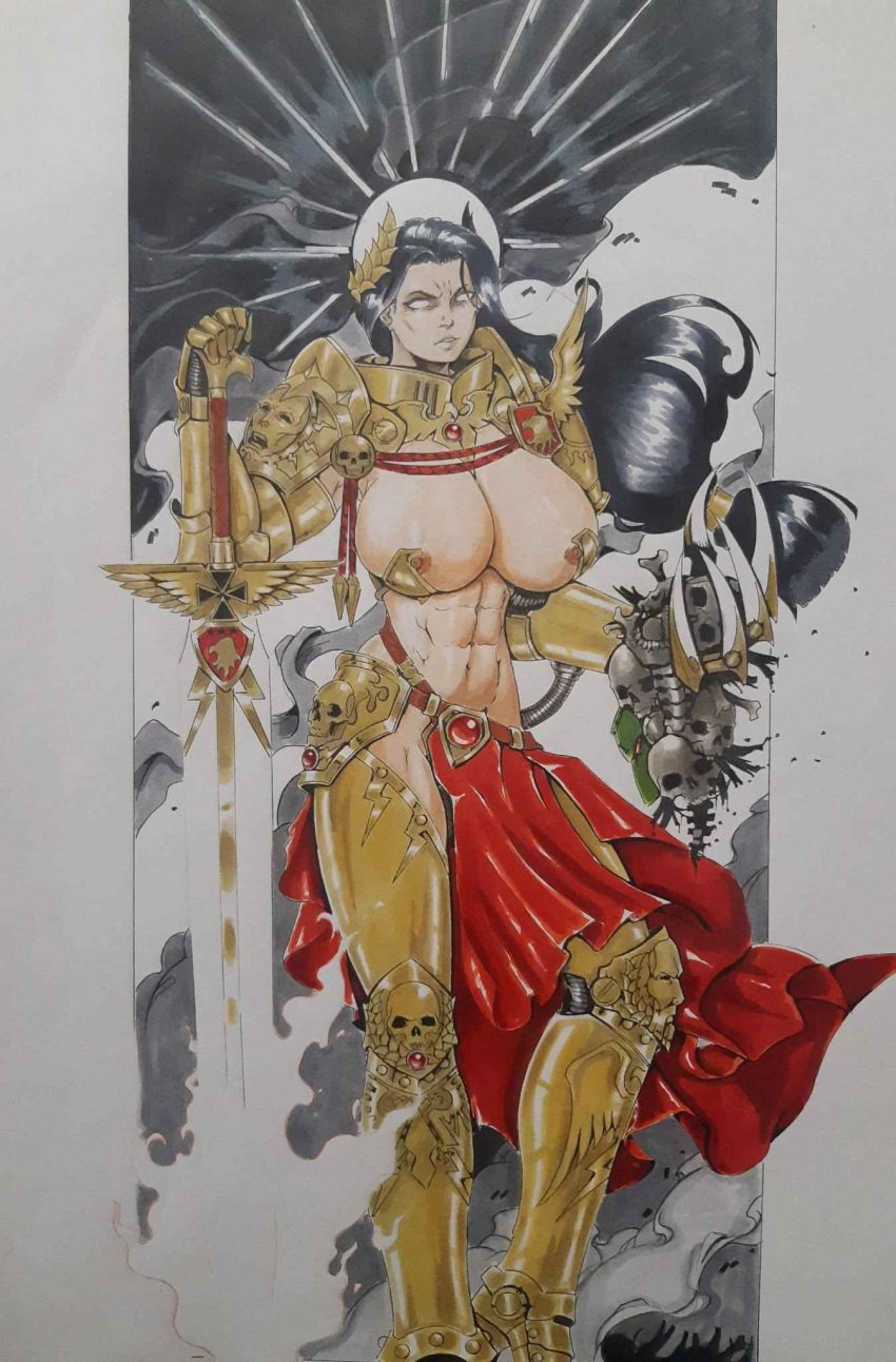 1girls aurion_(artist) big_breasts bigger_female black_hair female god-emperor_of_mankind muscle muscle_girl muscular muscular_female revealing_armor rule_63 taller_female warhammer_(franchise) warhammer_40k