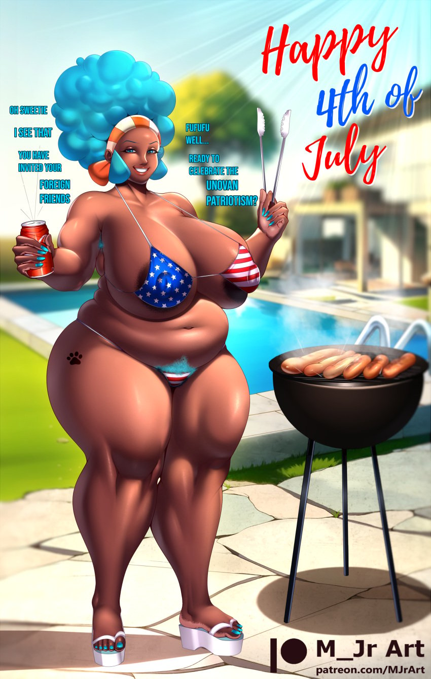 1female 1girls alternate_breast_size american american_flag_bikini areola areola_bulge areola_slip areolae areolae_slip bbq bikini breasts_bigger_than_head chubby chubby_female dark-skinned_female dark_areola dark_nipples dark_skin green_hair hairy_pussy huge_breasts lenora_(pokemon) m_jr1532 m_jr_art milf mother pokemon pokemon_bw pov pubic_hair sandals stepmother