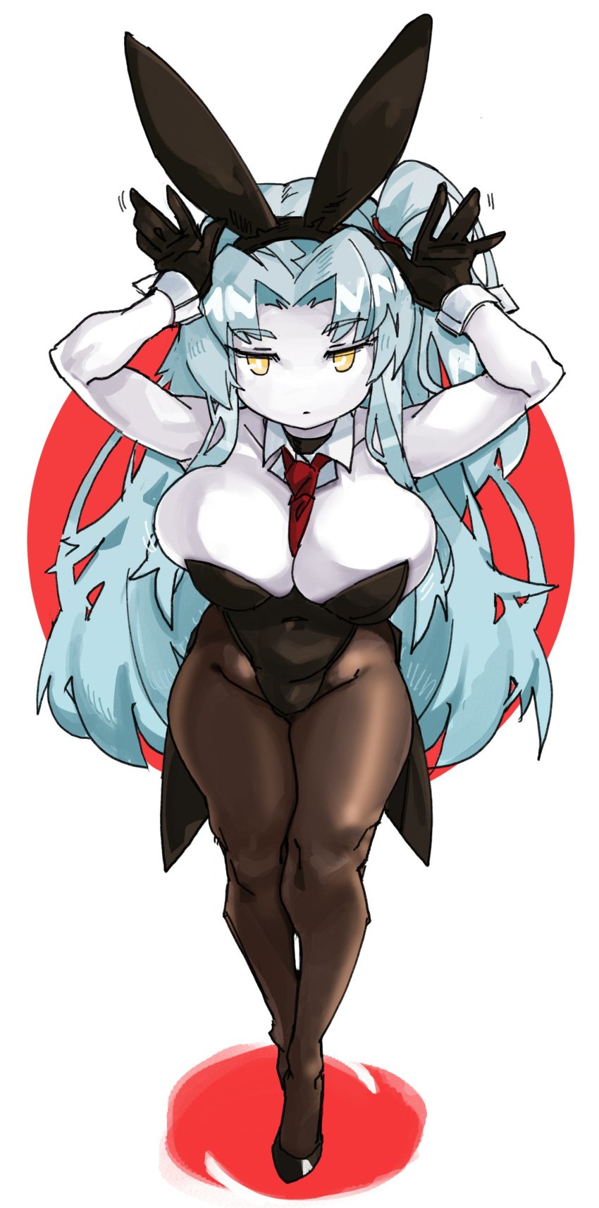 1girls angela_(lobotomy_corporation) big_breasts bunny_ears bunnysuit choker cleavage detached_collar female female_only gloves legs_together light_blue_hair lobotomy_corporation long_hair looking_at_viewer messy_hair neckband necktie necktie_between_breasts pale-skinned_female pale_skin pantyhose pose project_moon solo solo_female thick_thighs tied_hair very_high_resolution white_background wrist_cuffs yellow_eyes zanamaoria