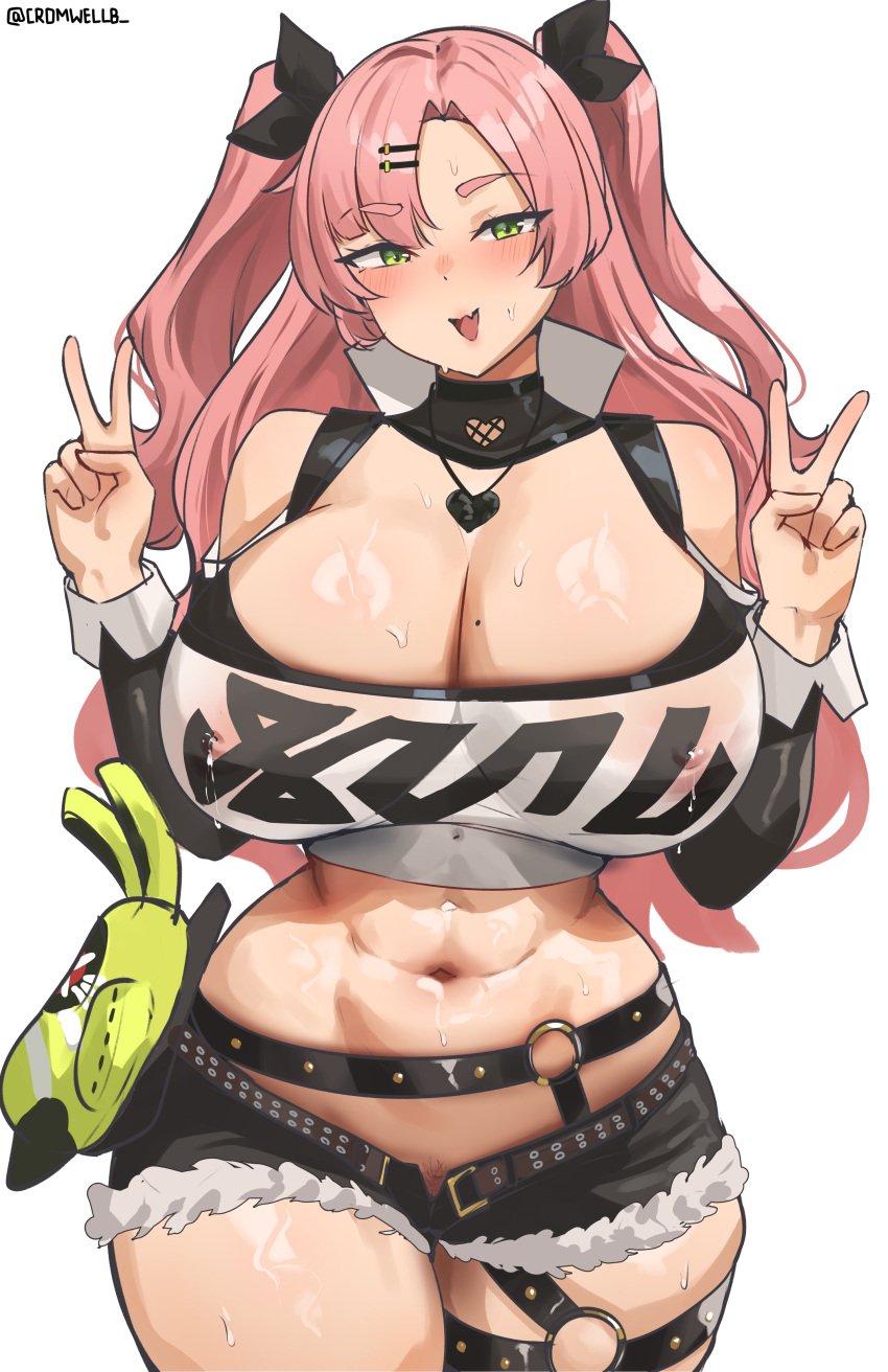 1girl 1girls abs breasts cromwellb female female_focus female_only green_eyes hi_res huge_breasts light-skinned_female light_skin long_hair midriff naughty_face nicole_demara peace_sign pink_hair solo solo_female solo_focus sweat sweaty sweaty_body sweaty_breasts thick_thighs thin_waist twintails venus_body voluptuous voluptuous_female wide_hips zenless_zone_zero