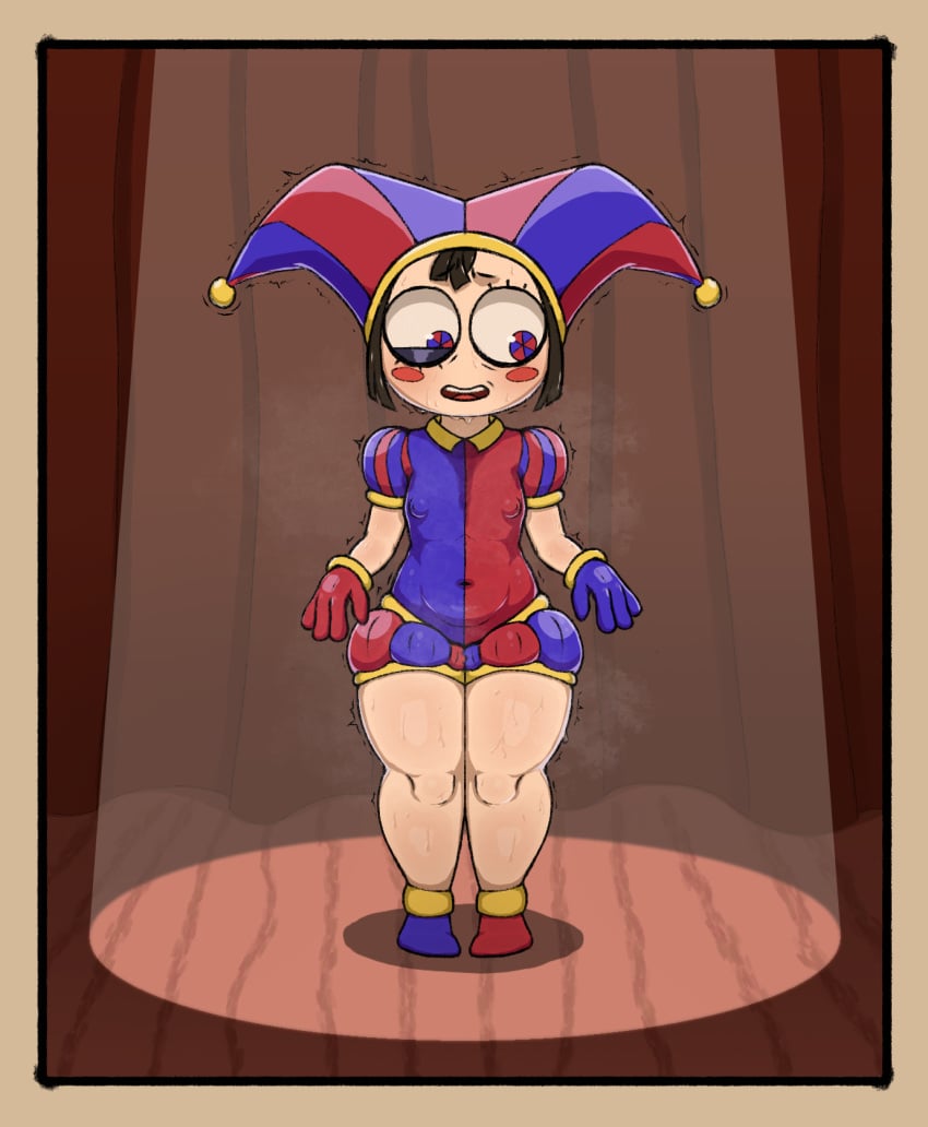 1girls female keelpowah pomni_(the_amazing_digital_circus) small_breasts spotlight steam steaming_body sweating sweaty the_amazing_digital_circus thick_thighs trembling wide_hips