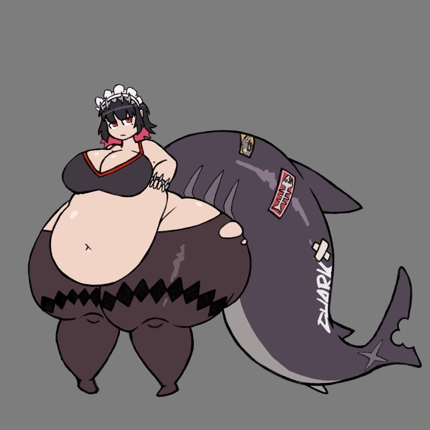 1girls belly big_belly big_tail black_hair chubby chubby_female ellen_joe fat fat_female female female_focus female_only ghornyb light-skinned_female light_skin looking_at_viewer mole_under_eye obese obese_female red_eyes red_highlights shark shark_girl shark_tail tail thick_thighs thighs victoria_housekeeping zenless_zone_zero