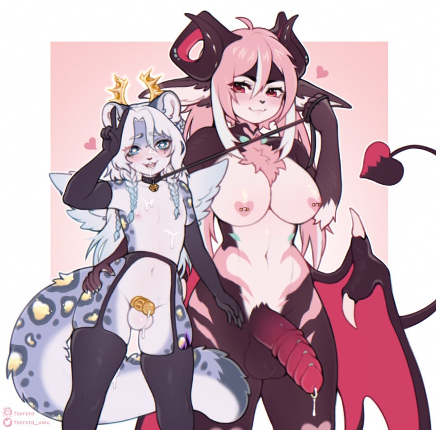 angel anthro bell bell_collar big_breasts big_penis bodily_fluids cage chastity_cage chastity_device clothing collar cum cum_in_mouth cum_inside cum_on_face demon dickgirl duo felid femboy futa_is_bigger futa_on_male futadom futanari genital_fluids genitals gloves gynomorph gynomorph/male hair handwear heart_symbol hi_res horn larger_futanari larger_gynomorph leash leashed_collar leashed_male legwear long_hair male malesub mammal pantherine penis penis_size_difference pink_hair size_difference smaller_male snow_leopard thigh_highs tserera white_hair wings