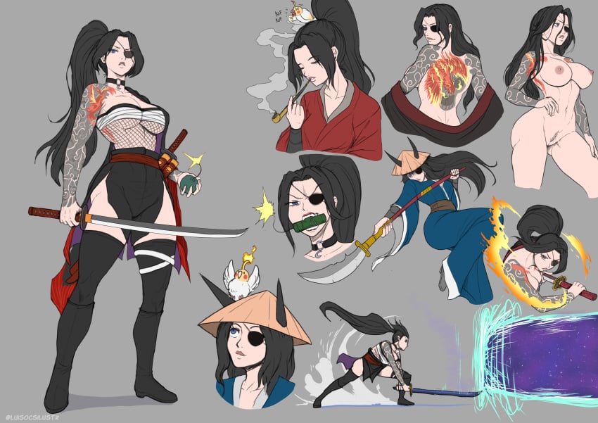 big_breasts black_hair fit_female hoshi_himura_(keltardevir) katana kimono luisocsilustr pubic_hair reference_sheet tattoo