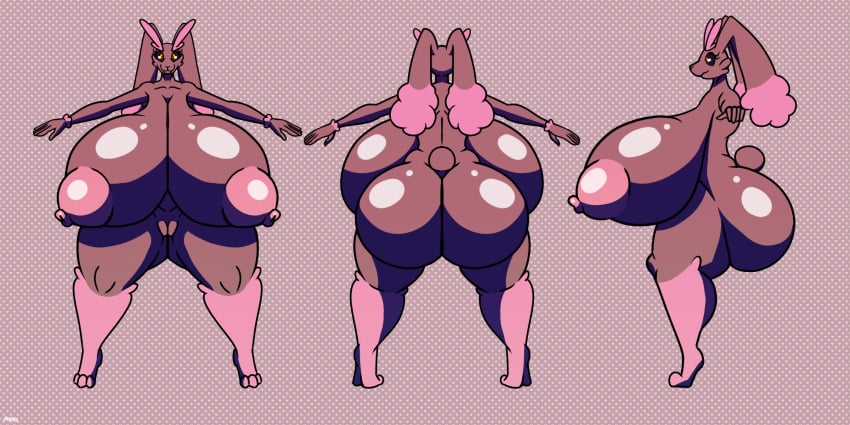 anthro ass big_breasts big_butt breasts brown_body curvy_figure female fur generation_4_pokemon hi_res huge_breasts huge_butt hyper jiqqy lopunny model_sheet nintendo nipples pink_body pink_fur pink_nipples pokemon pokemon_(species) shiny_pokemon solo tail thick_thighs voluptuous