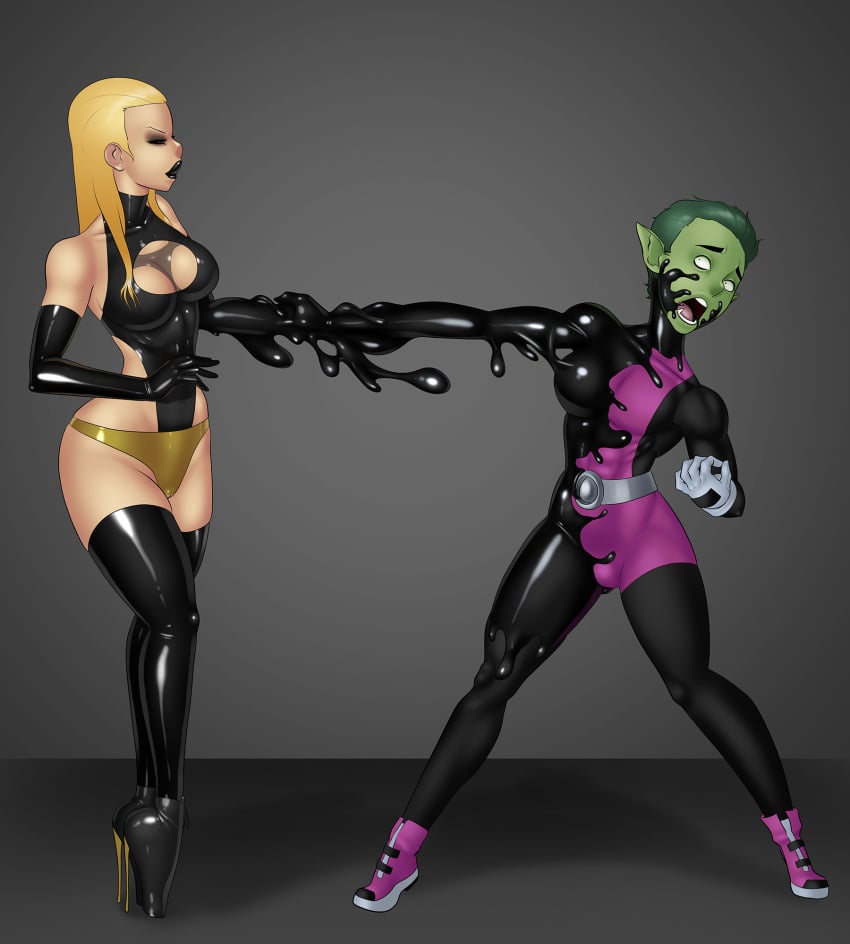 beast_boy black_lipstick blonde_hair breast_expansion breasts cleavage cleavage_cutout corruption dc_comics drone femdom feminization femsub gender_transformation goo_transformation green_hair green_skin high_heels latex latex_transformation malesub mtf_transformation skottichan slime teen_titans terra transformation