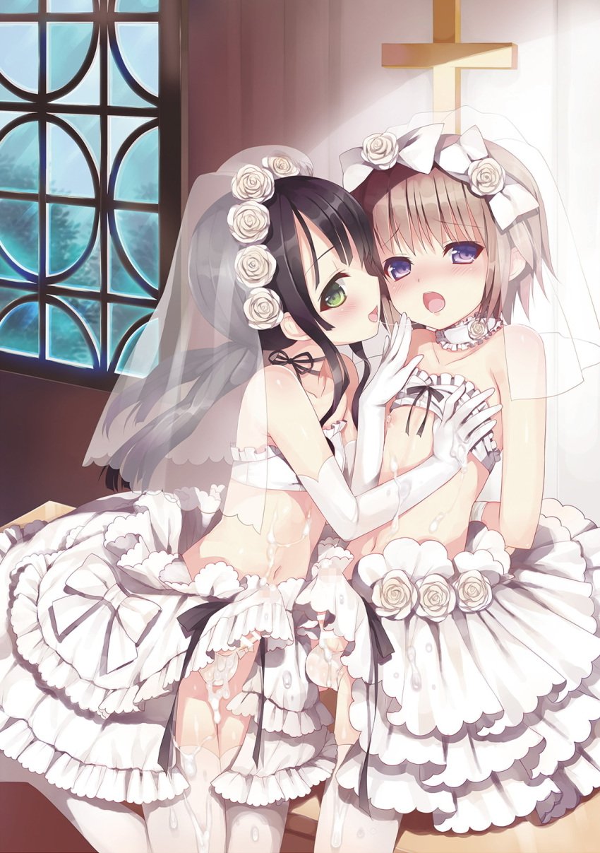 2boys after_kiss balls_in_panties black_hair blush bridal_veil bride brown_hair censored cross cum cum_on_body cum_on_lower_body cum_on_panties cum_on_penis cum_on_stomach cum_on_testicles cum_on_thighhighs cum_on_thighs elbow_gloves erection_under_clothes femboy femboy_bride femboy_on_femboy green_eyes hands_behind_back indoors looking_at_viewer male male_bride male_only nemunemu_(candy_paddle) nipples open_mouth otoko_no_ko_heaven penis penis_under_clothes penis_under_dress purple_eyes saliva saliva_string saliva_trail trap trap_bride trap_on_trap wedding_dress wedding_veil window yaoi