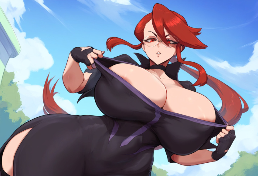 ai_generated alternate_costume areola_slip breasts_bigger_than_head glasses huge_breasts looking_at_viewer lorelei_(pokemon) mullon novelai pokemon pokemon_gsc pokemon_hgss red_hair solo top_pull voluptuous wide_hips