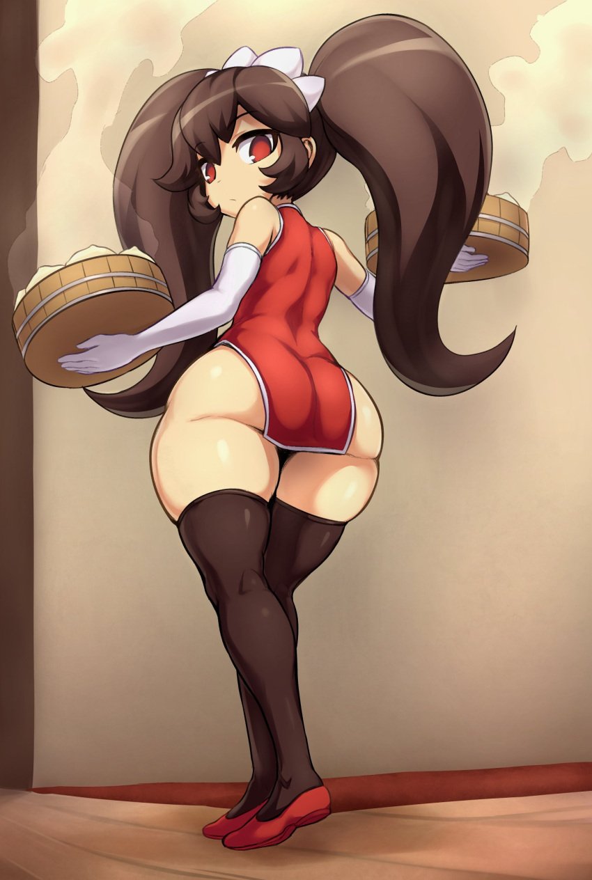 1girls ashley_(warioware) ass big_ass black_hair black_thighhighs china_dress chinese_clothes elbow_gloves female female_only flats food from_behind jadf kneehighs long_hair looking_at_viewer looking_back nintendo red_eyes thighhighs thighs twintails warioware wide_hips