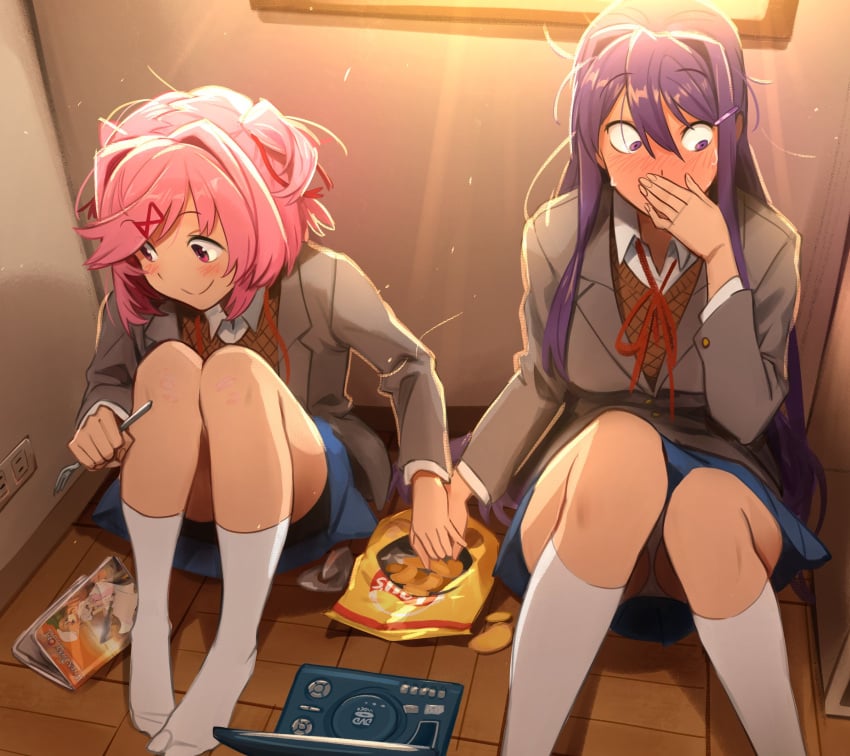 2females 2girls bag_of_chips blue_skirt blush blushing chip_bag chips_(food) doki_doki_literature_club duo duo_female duo_focus dvd dvd_player female_only food fork hand_holding higurashi_no_naku_koro_ni holding_hands holding_hands_is_lewd imminent_electrocution khyleri lewd long_hair natsuki_(doki_doki_literature_club) panties panty_peek pantyshot pantyshot_(sitting) pink_eyes pink_hair portable_dvd_player purple_eyes purple_hair ryuuguu_rena shorts_under_skirt skirt white_panties wholesome yuri_(doki_doki_literature_club)