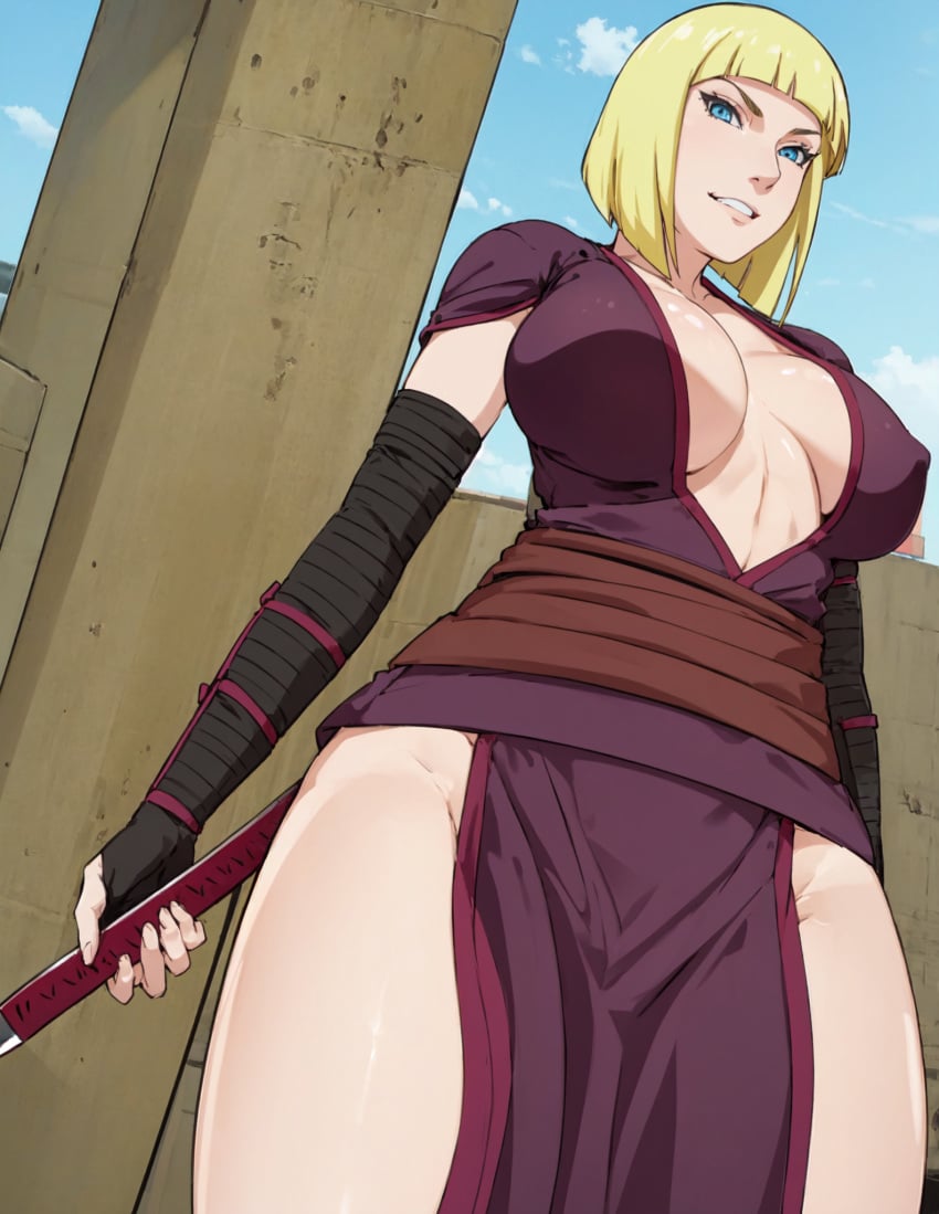 1girls ai_generated big_breasts blonde_female blonde_hair blue_eyes bob_cut female_only jikage_rising katana kunoichi large_breasts large_thighs mind_control naruto naruto_(series) naruto_shippuden neckline samui sexy_pose short_hair thighs unconvincing_armor voluptuous_female