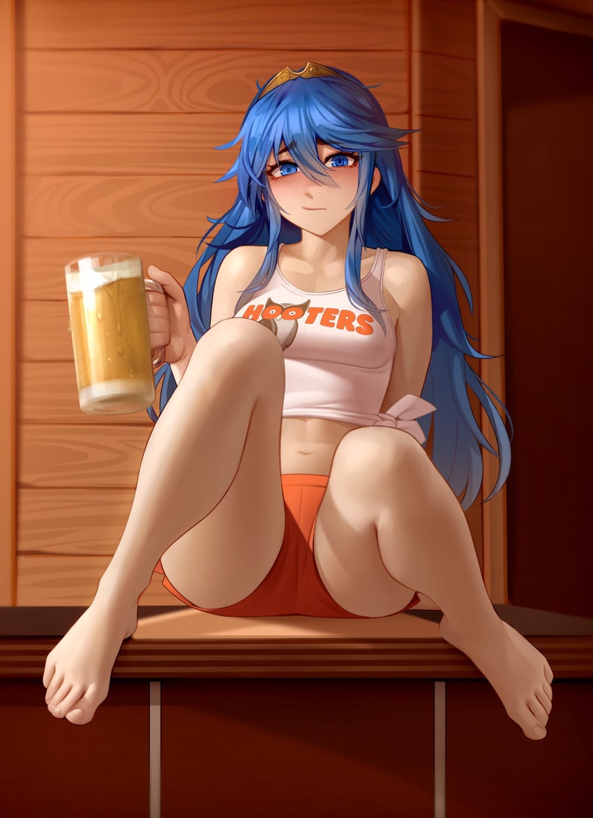 1girls absurdres alcohol alternate_costume bare_legs barefoot beer beer_mug blue_eyes blue_hair blush breasts commission cup feet female female_only fire_emblem fire_emblem_awakening full_body highres holding holding_cup hooters kairuhentai kairunoburogu knees_up legs long_hair looking_at_viewer lucina_(fire_emblem) medium_breasts messy_hair micro_shorts mug nintendo orange_shorts shirt shorts sitting sleeveless sleeveless_shirt solo symbol-shaped_pupils toenails toes very_long_hair waitress white_shirt