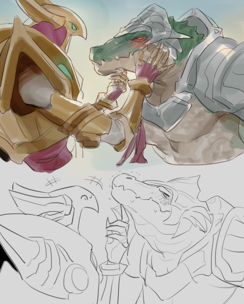 anthro anthro_on_anthro armor avian azir blush chin_scratch crocodile crocodilian crocodylid duo francisxiennsfw gold_(metal) hi_res larger_male larger_penetrated league_of_legends male male/male penetration renekton reptile riot_games scalie size_difference sketch_page smaller_male tencent