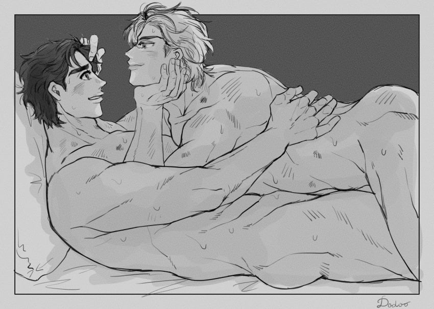 2boys after_sex dio_brando greyscale jojo's_bizarre_adventure jonathan_joestar looking_at_another male male/male male_on_male male_only monochrome muscular_male phantom_blood sweat