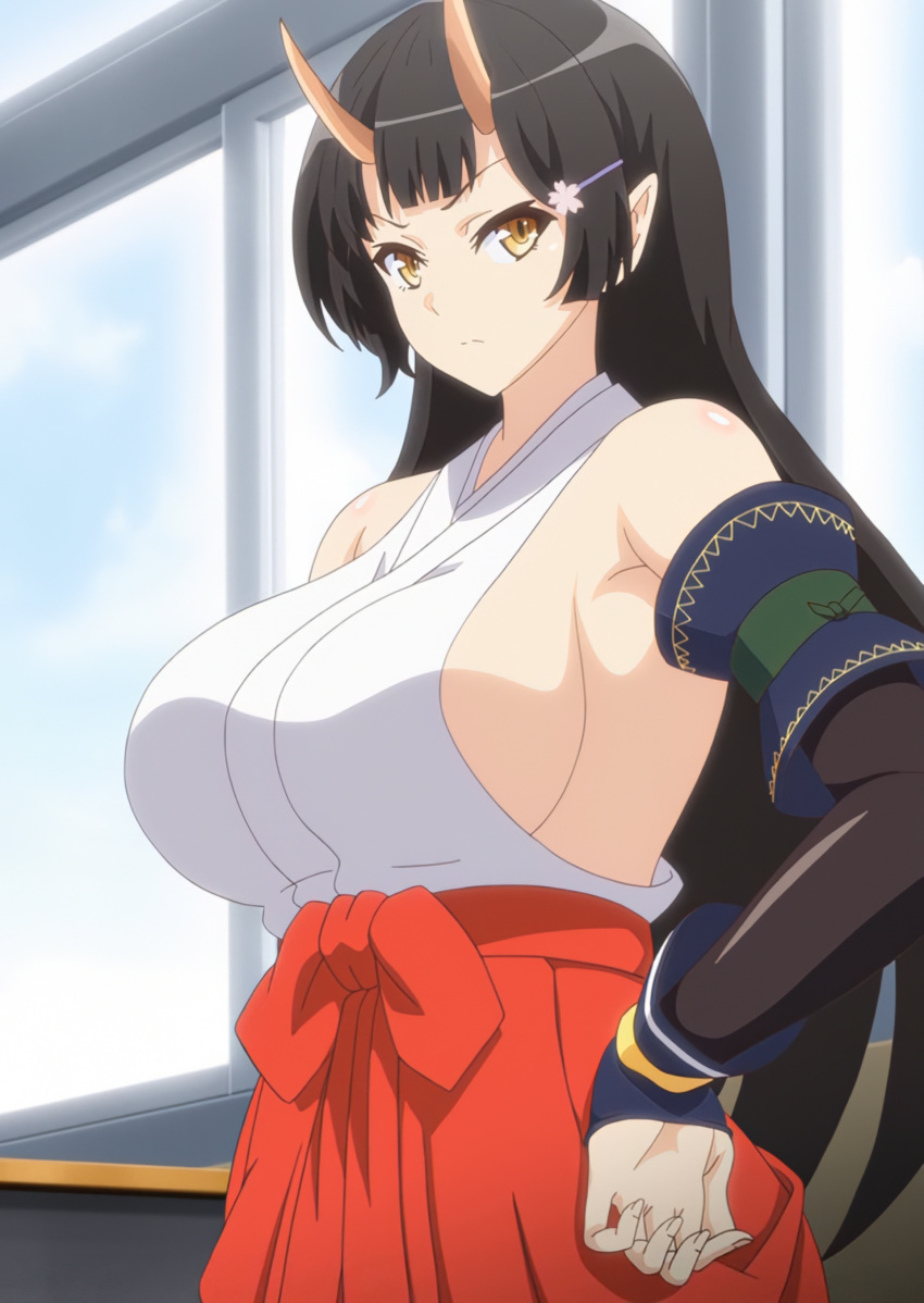 1girls big_breasts black_hair breasts busty demon_girl demon_horns enjo_kouhai female female_only hand_on_hip highres horns large_breasts long_hair long_skirt looking_at_viewer origamine_ouka screencap sideboob skirt solo stitched third-party_edit very_long_hair yellow_eyes