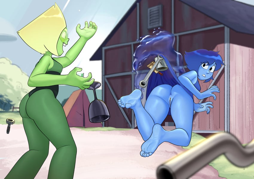 10centsworth 2girls anus ass barefoot barn blonde_hair blue_body blue_hair blue_skin breasts cartoon_network clothing colored_skin dress feet female gem_(species) green_skin lapis_lazuli_(steven_universe) looking_back multiple_girls nude outdoors peridot_(steven_universe) psychic psychic_powers short_hair skirt_lift smile soles steven_universe surprised suspended toes uncensored vagina