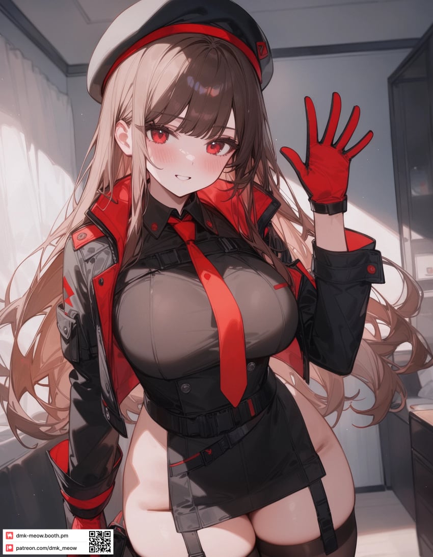 ai_generated belt beret black_headwear black_jacket black_shirt black_thighhighs blush breasts brown_hair brown_thighhighs cowboy_shot cropped_jacket dmk_meow female garter_straps gloves goddess_of_victory:_nikke grin hand_up hat indoors jacket large_breasts long_hair long_sleeves looking_at_viewer necktie no_panties open_clothes open_jacket parted_lips pelvic_curtain qr_code rapi_(nikke) red_eyes red_gloves red_necktie shirt skindentation skirt smile solo thighhighs thighs