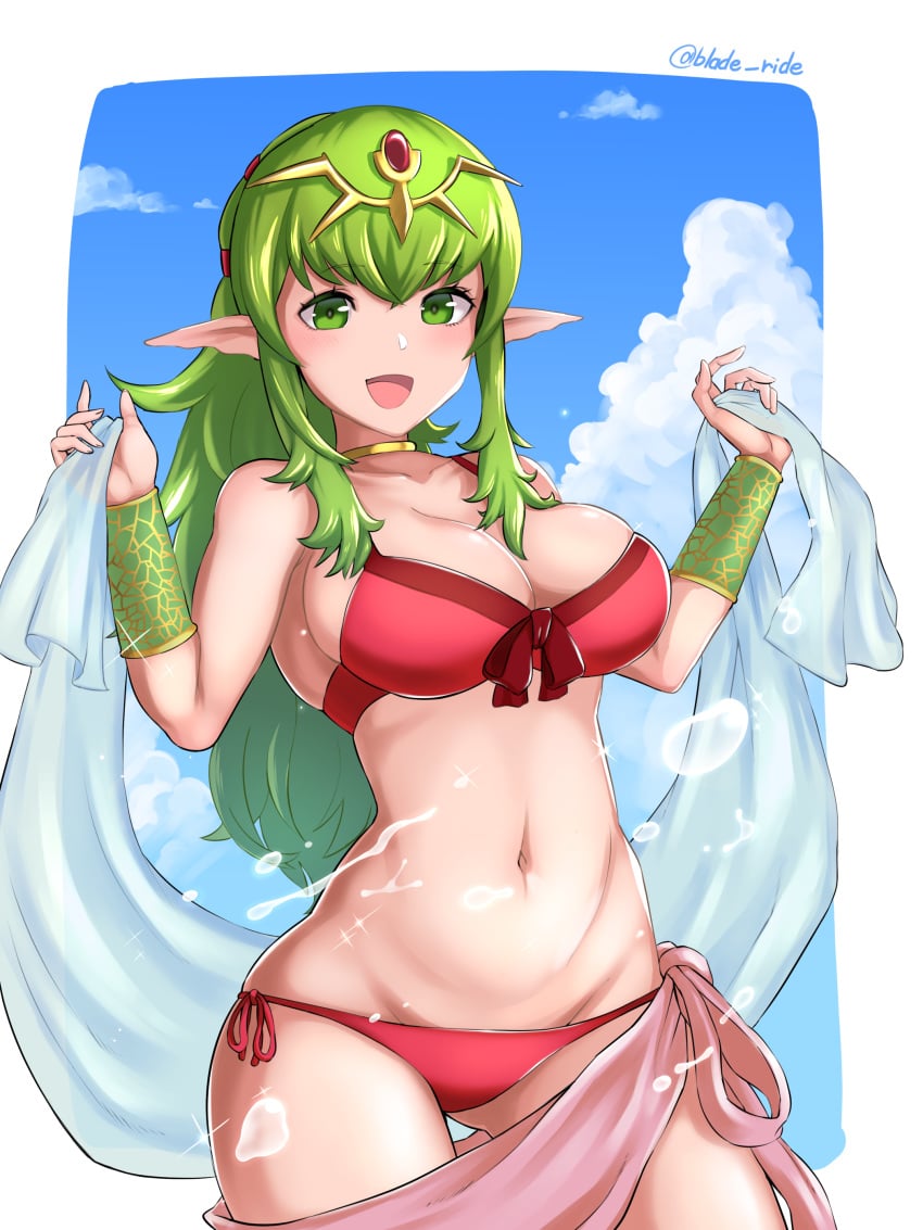 :d absurdres big_breasts bikini blade_ride blue_sky breasts choker cleavage cloud day female fire_emblem fire_emblem_awakening fire_emblem_heroes green_eyes green_hair groin hair_ornament highres large_breasts long_hair navel nintendo open_mouth pink_sarong pointy_ears ponytail red_bikini sarong side-tie_bikini sky smile solo solo_female summer swimsuit tiara tiki_(adult)_(fire_emblem) tiki_(adult)_(summer)_(fire_emblem) tiki_(fire_emblem) twitter_username