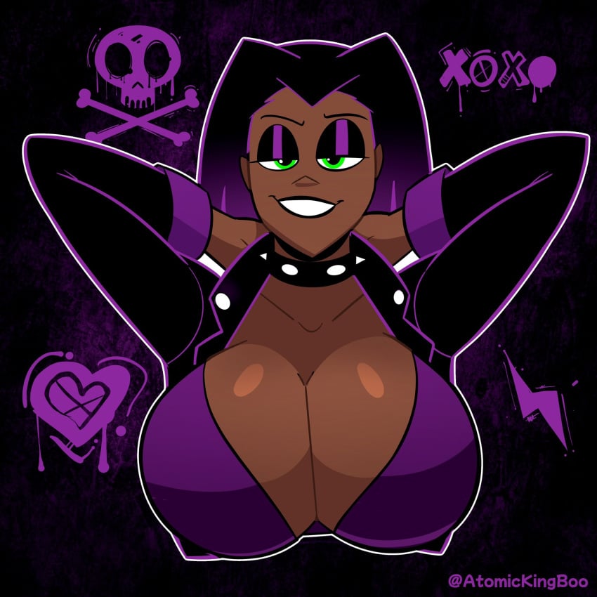 atomickingboo black_hair brown_skin busty choker dyed_hair female goth green_eyes jacket kassandra_(atomickingboo) kassandra_cruz large_breasts leather_jacket purple_hair purple_shirt shirt smile spiked_collar