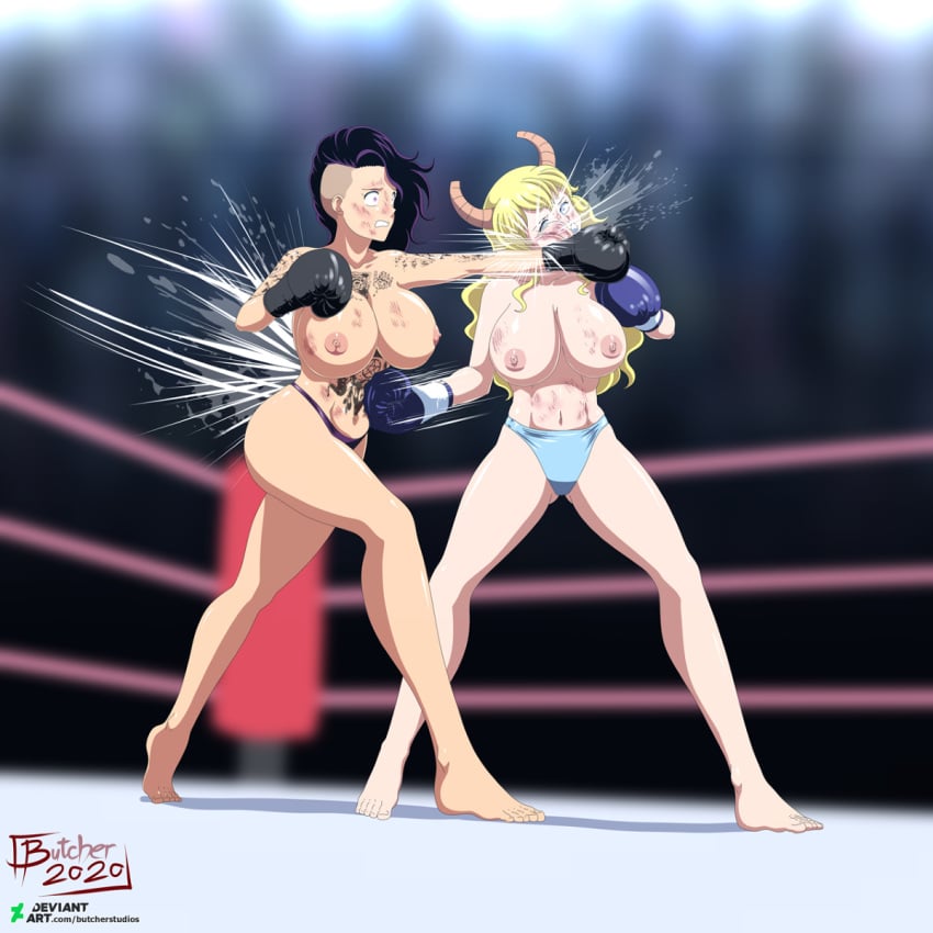 2girls barefoot becky big_breasts black_boxing_gloves black_gloves blonde_hair boxing boxing_gloves boxing_ring breasts butcherstudios female female_only fight gloves kobayashinochimaidragon light-skinned_female light_blue_panties light_skin long_hair lucoa miss_kobayashi's_dragon_maid mostly_nude multiple_girls navy_blue_boxing_gloves navy_blue_gloves nipples panties punch purple_hair quetzalcoatl_(dragon_maid) thick thick_hips thick_thighs topless topless_boxing violet_panties wide_hips