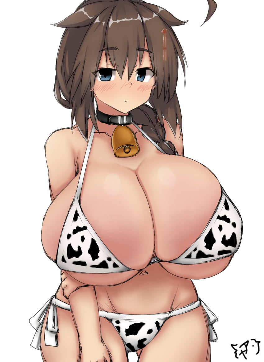 aytk023 bell_collar big_breasts blue_eyes bra breasts brown_hair cow_print female female_only gigantic_breasts huge_breasts kantai_collection shigure_(kantai_collection) solo solo_female tagme