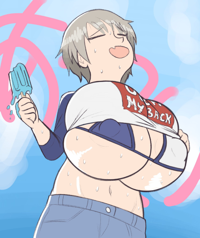 big_breasts breasts closed_eyes female female_only gigantic_breasts huge_breasts kingmelon nipple_bulge popsicle solo solo_female sweat sweatdrop sweaty tagme underboob undressing uzaki-chan_wa_asobitai! uzaki_hana white_hair