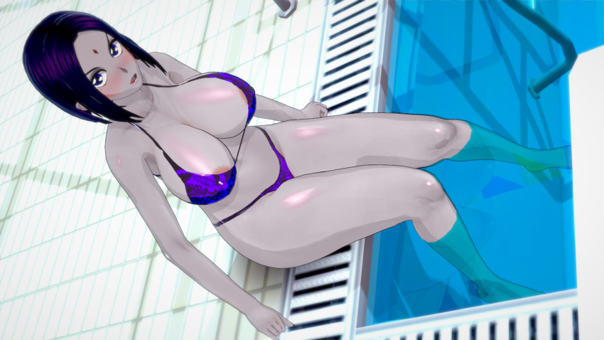 areola_slip big_breasts bikini dc dc_comics grey_skin koikatsu large_breasts oneofmillions pool purple_eyes purple_hair rachel_roth raven_(dc) smooth_skin teen_titans