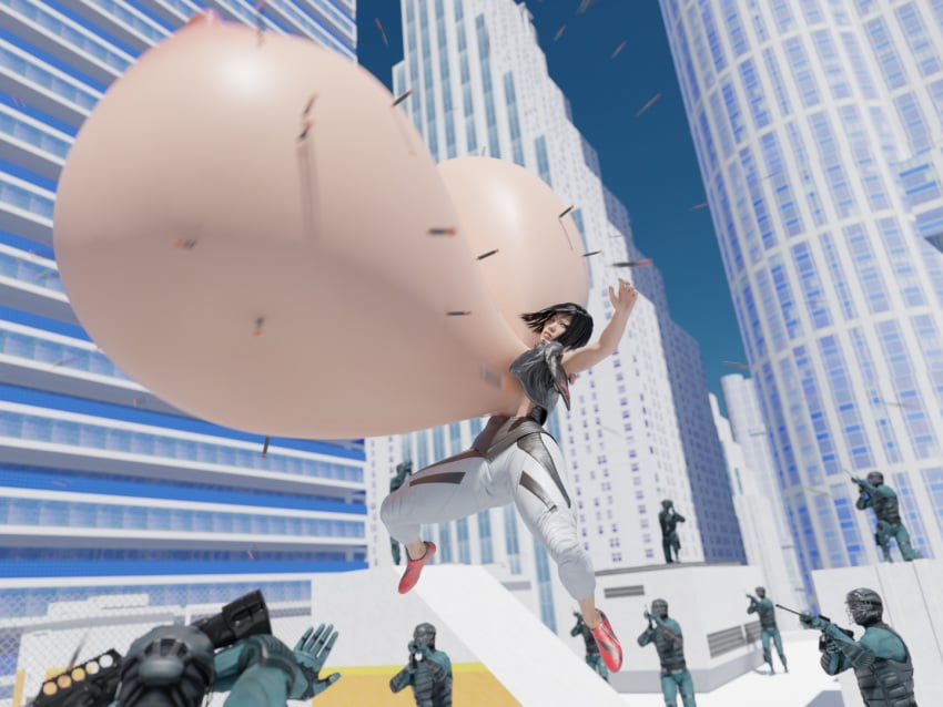 1girls 3d 3d_(artwork) asian asian_female black_hair breast_expansion breasts city commission dart derivative_work faith_connors faith_connors_(mirror's_edge_catalyst) female female_focus gigantic_breasts gun hyper hyper_breasts mangrowing mirror's_edge mirror's_edge_catalyst nipples pants rochestedorm shoes thick_thighs