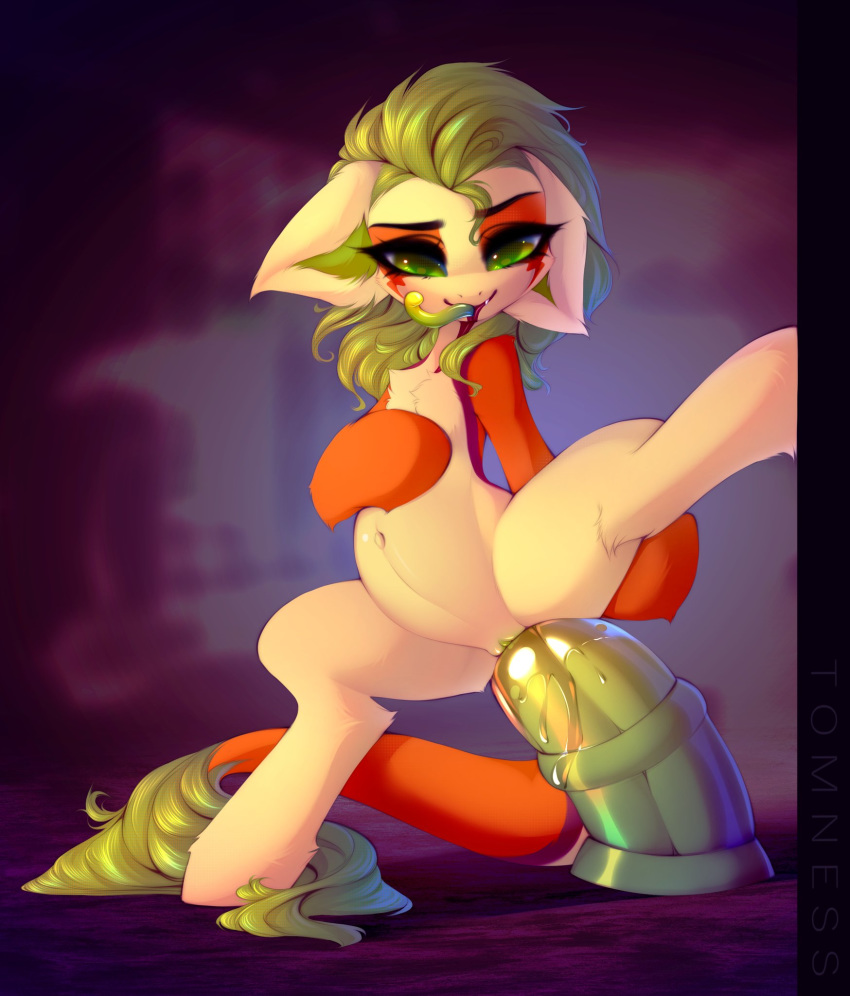 2020 animal_dildo animal_sex_toy dildo dildo_sitting equid equine equine_dildo eyebrows fan_character female fur genitals green_eyes hasbro hi_res horse large_insertion looking_at_viewer mammal masturbation my_little_pony non_toxic_(oc) penetration pony pussy semi-anthro sex_toy solo spread_legs spreading stomach_bulge tatzlpony tomness vaginal_masturbation vaginal_penetration