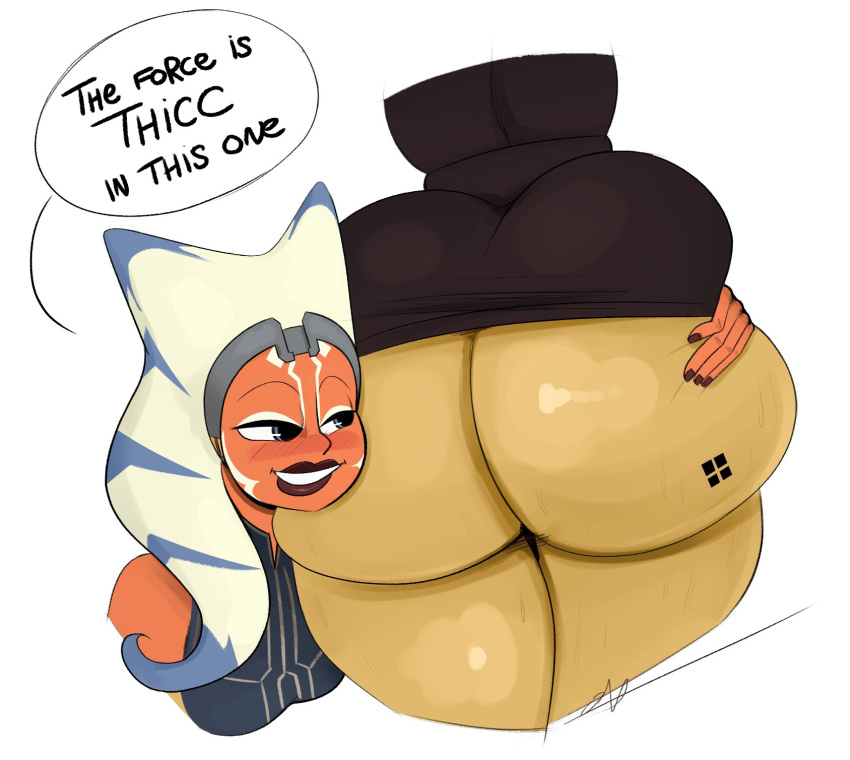 2girls ahsoka_tano alien alien_girl ass ass_grab ass_tattoo ass_worship barriss_offee big_ass big_butt black_dress blush bottom_heavy bubble_butt butt butt_hug clone_wars clothed clothing dat_ass dialogue fat_ass female female_face_near_ass female_only grin half-closed_eyes headband huge_ass hugging_ass large_ass long_ass orange_skin ota_(artist) robe_lift short_dress signature silver_eyes simple_background skindentation speech_bubble star_wars tattoo teeth the_clone_wars:_season_seven thick_ass thick_thighs tight_clothing togruta white_background wide yuri