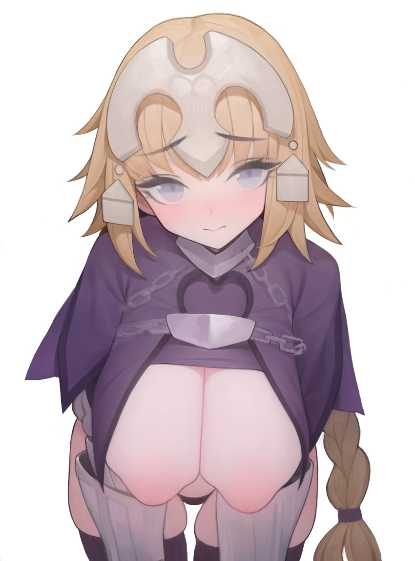 absurdres armor black_legwear black_panties blonde_hair blue_eyes blush breasts breasts_out chains closed_mouth eyebrows_visible_through_hair fate/grand_order fate_(series) female gradient gradient_background highres jeanne_d'arc_(fate) long_hair looking_at_viewer panties ponytail rabbit_(wlsdnjs950) solo thighhighs underwear vambraces