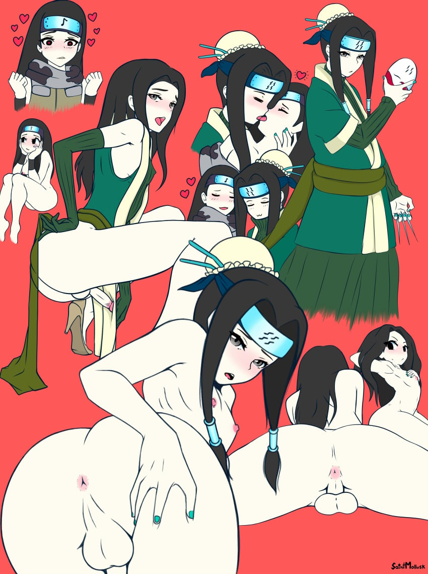 1boy 1girls androgynous anus ass black_eyes black_hair blush clothing femboy flexible forehead_protector girly haku_(naruto) headband heels kin_tsuchi kissing long_hair male_focus mask multiple_poses naruto naruto_(classic) nipples paipan pecs penis posing red_background saintmollusk simple_background small_penis splits testicles trap undressing watching